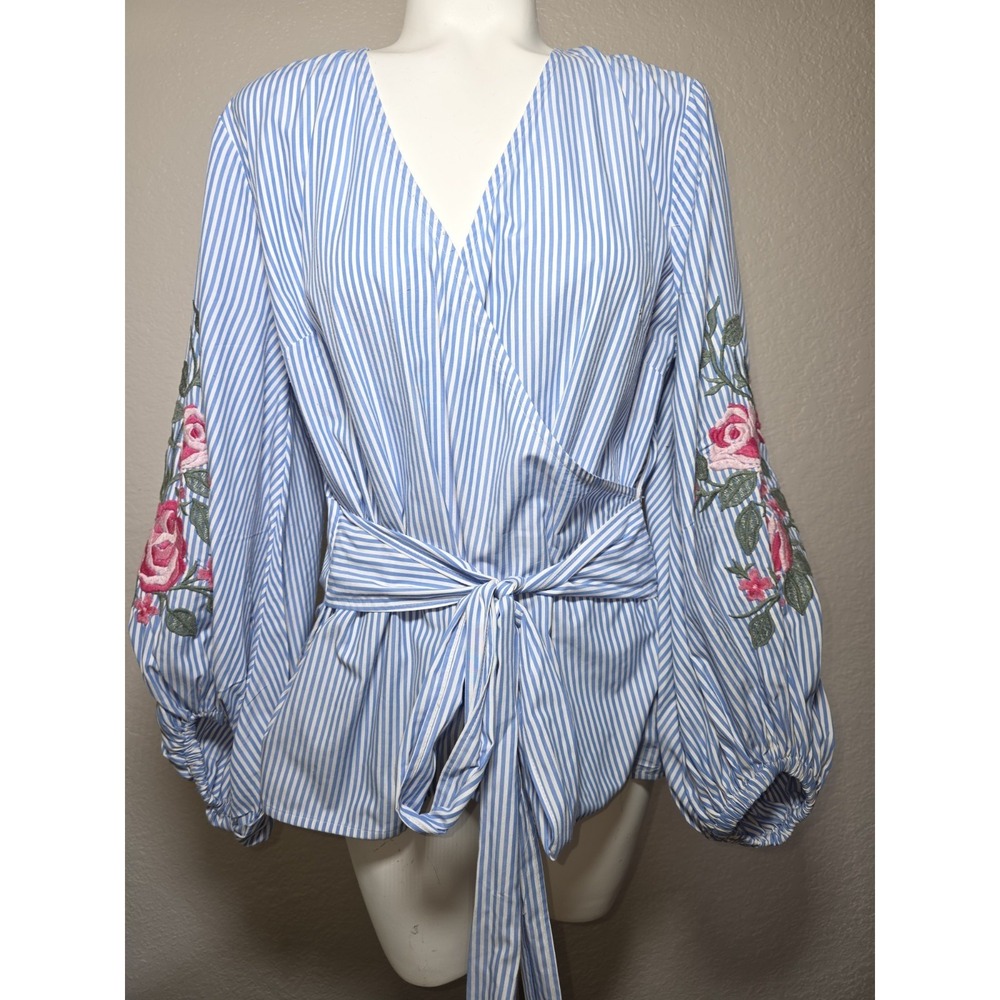 INC Wrap Blouse Women Sz Medium Blue Floral Embroidered Striped Balloon Sleeve